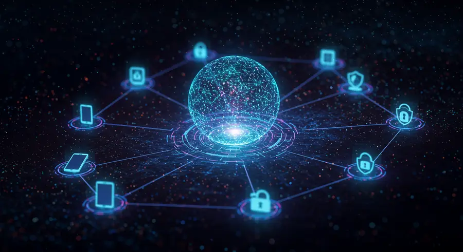 Abstract visual representing IoT devices connected to a central monitoring system with security icons like shields and locks.