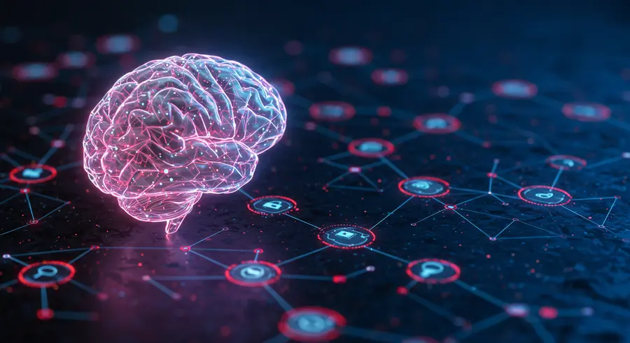 AI brain analyzing a network of IoT devices with threat indicators, with a focus on cybersecurity and proactive defense
